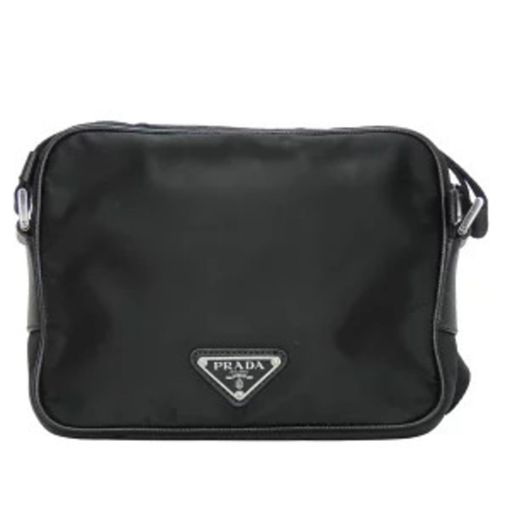 Prada Shoulder Bag Triangle Logo Leather Black Crossbody Saffiano - Picture 3 of 11